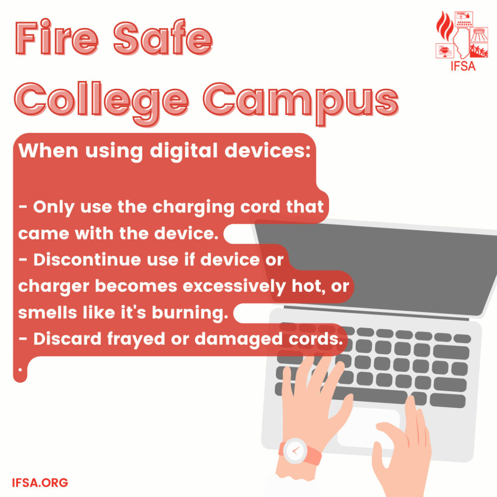 Fire Safety College Campus infographic: When using digital devices - only use the charging cord that came with the device, discontinue use if device or charger becomes excessively hot or smells like it is burning, discard frayed or damages cords.