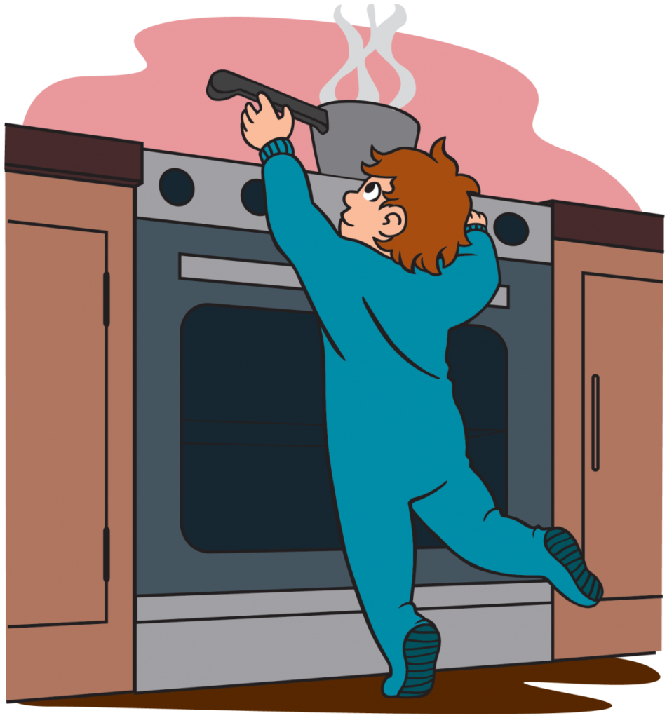 Cartoon drawing of a child reaching for a dangerous boiling pot
